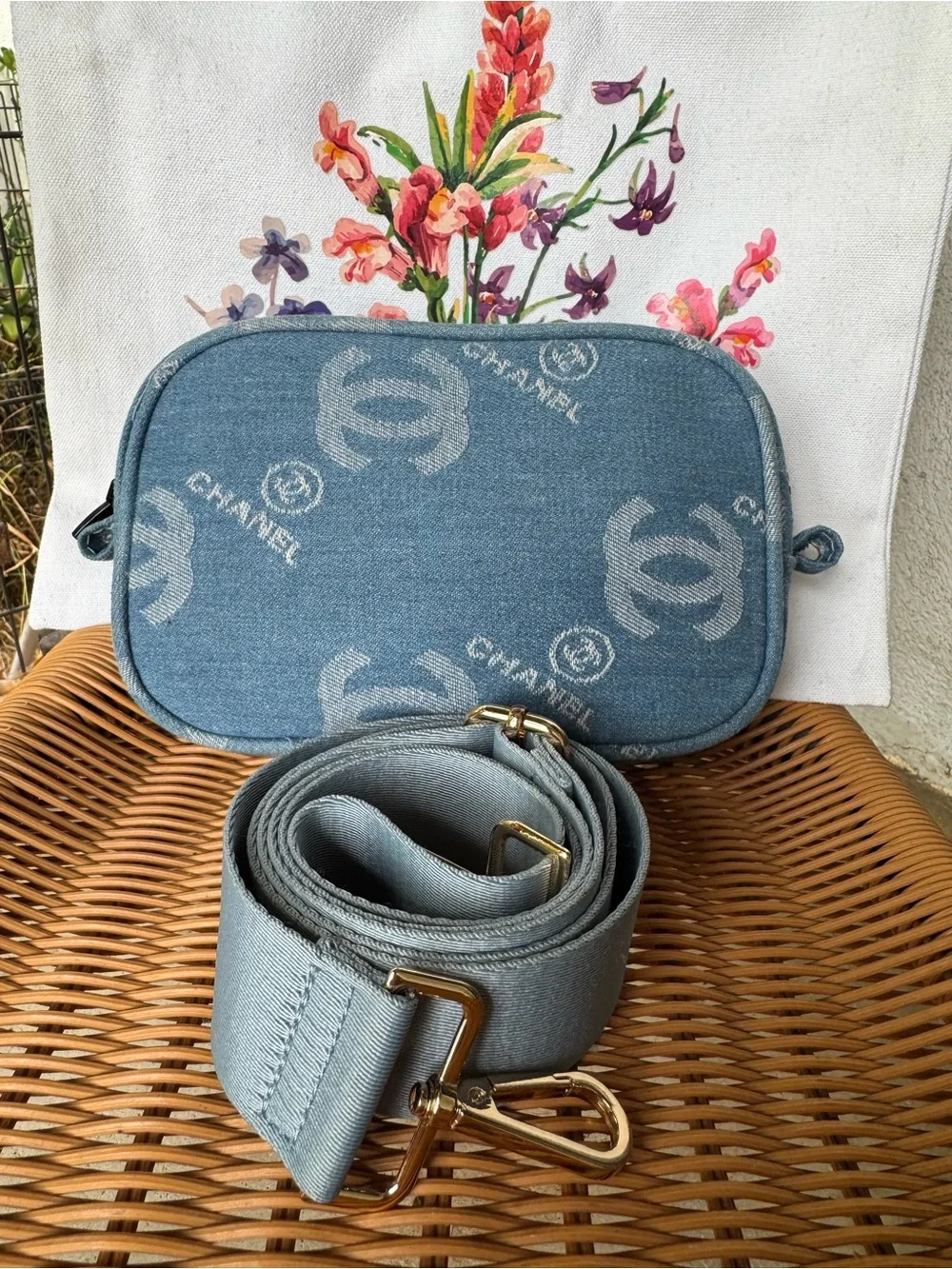 CHANEL Light Blue Denim Logo Canvas Beaute pouch/crossbody.